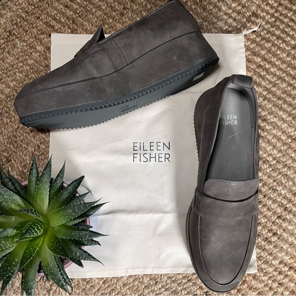 EILEEN FISHER PLATFORM LOAFERS Tumbled Nubuck Leather in Slate SIZE 9 - Picture 2 of 5